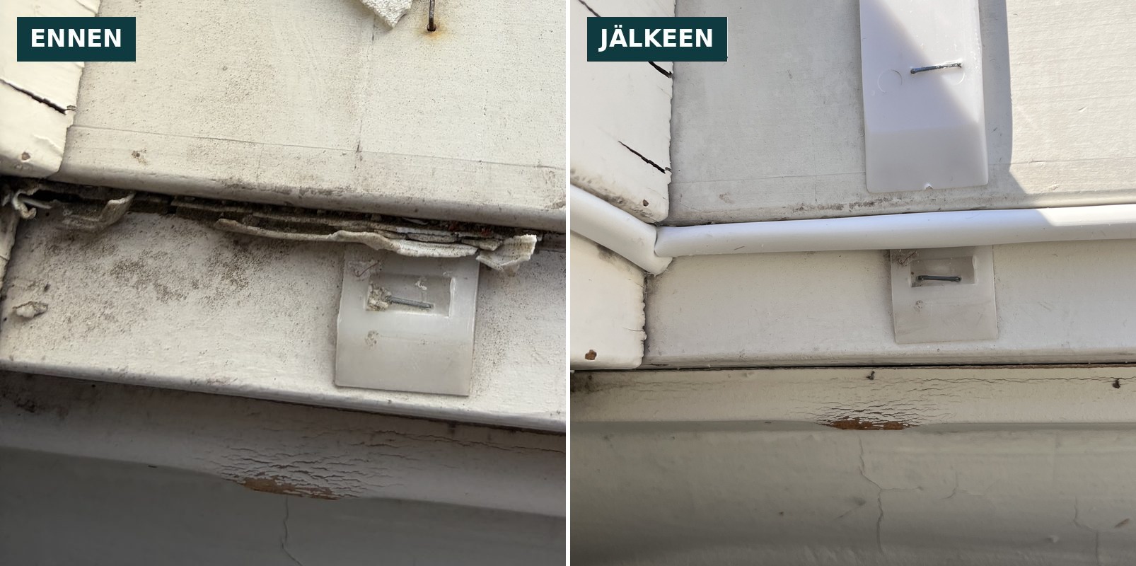 Ennen: kulunut ja repeillyt ikkunatiiviste. Jälkeen: uusi tiiviste ikkunan alareunassa.